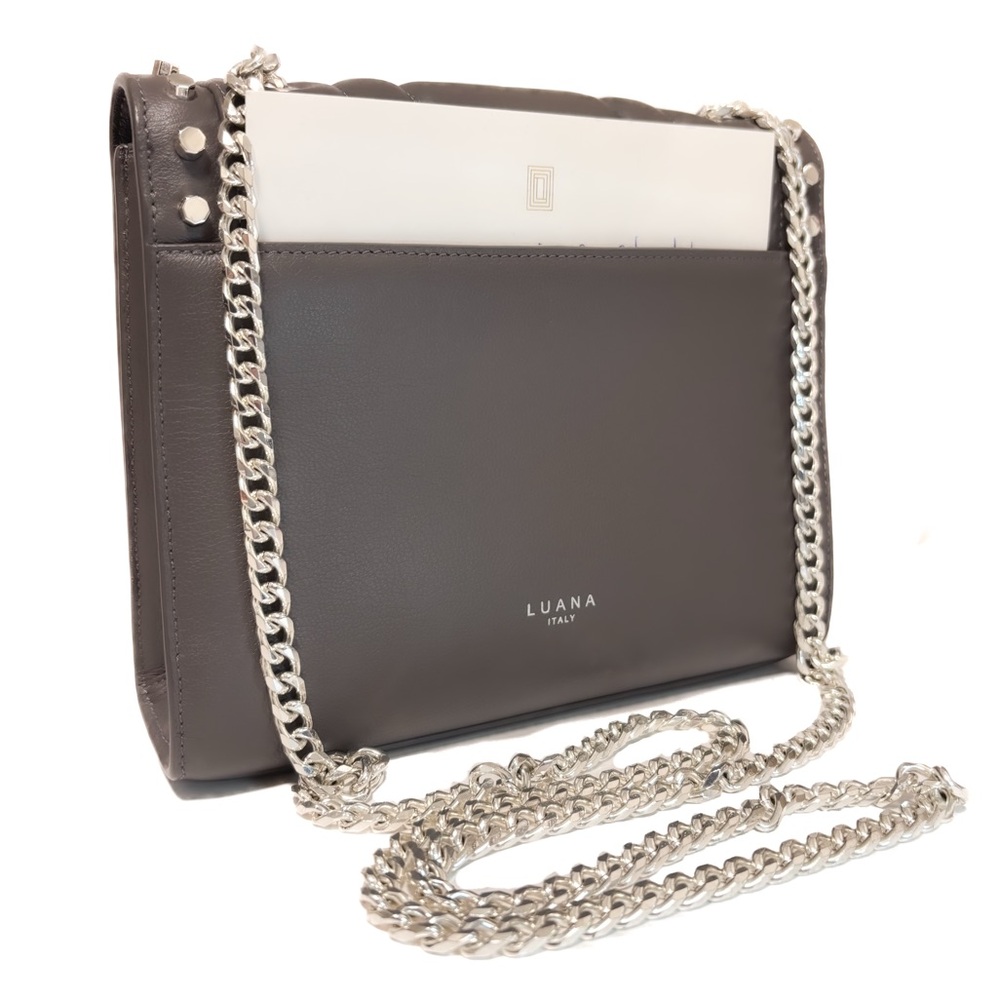 NEW - LUANA Italy “Devon Mini Crossbody” Grey Silver Studded Chain Leather Purse - Picture 2 of 5